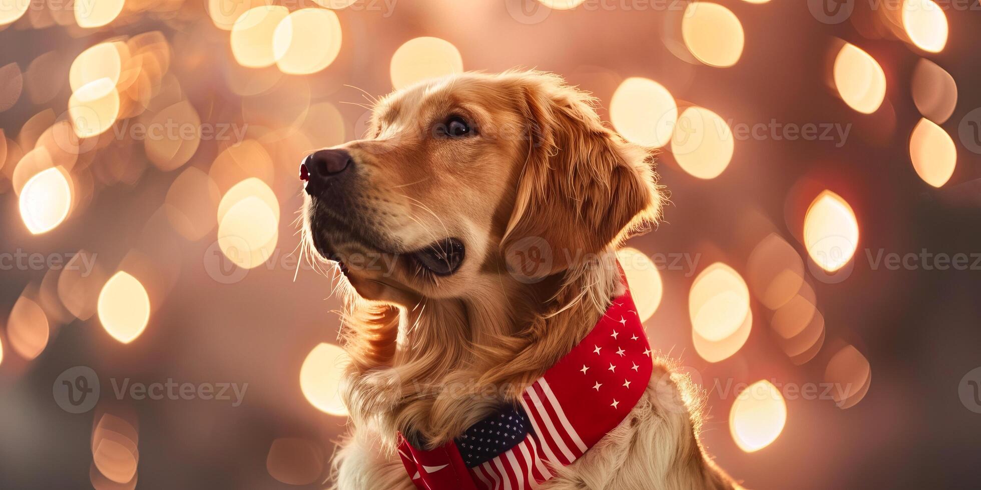 Golden retriever dog with fireworks background and patriotic scarf photo