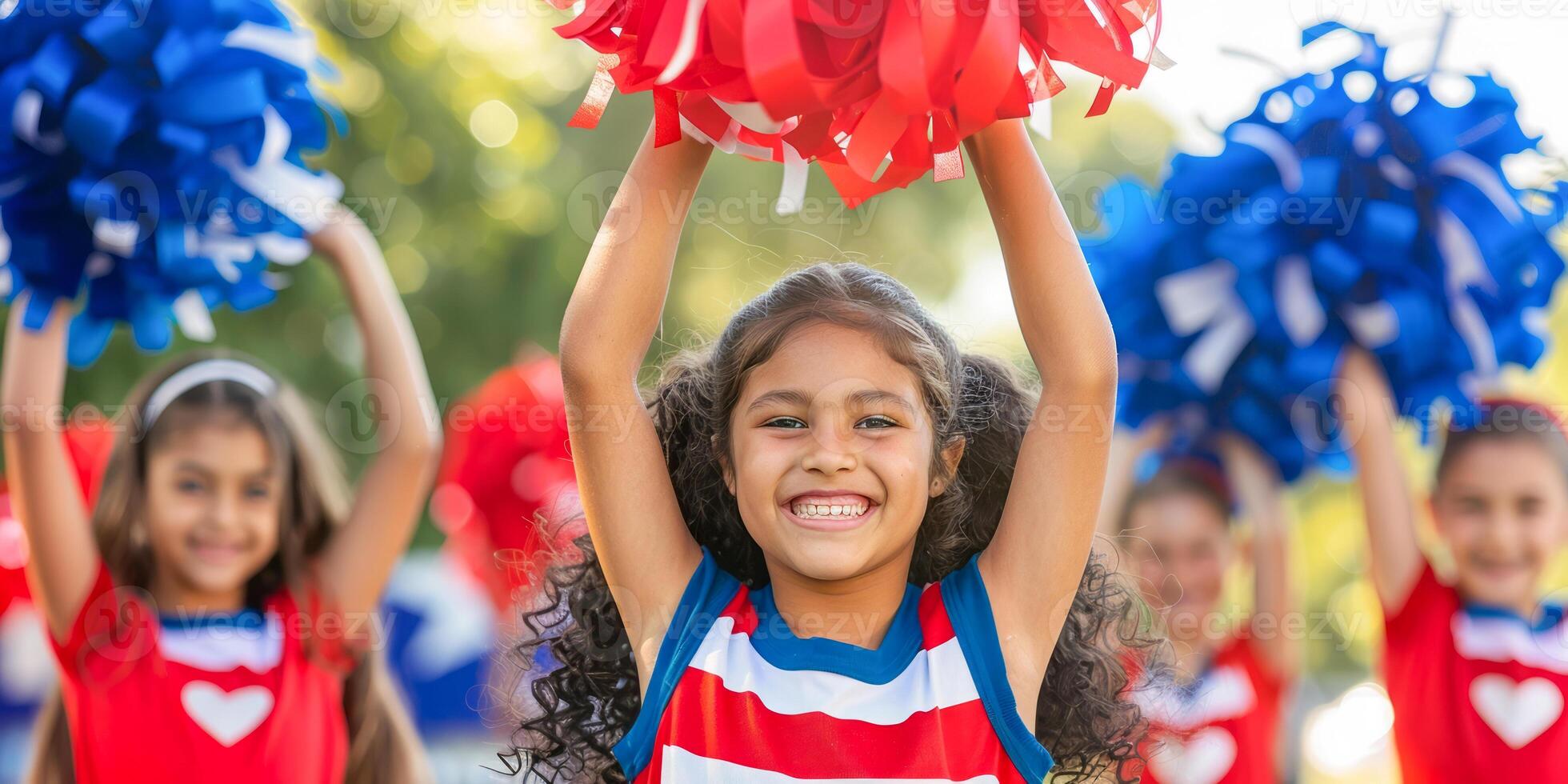 Smiling Cheerleaders with Red, White, and Blue Pom Poms for Independence Day photo