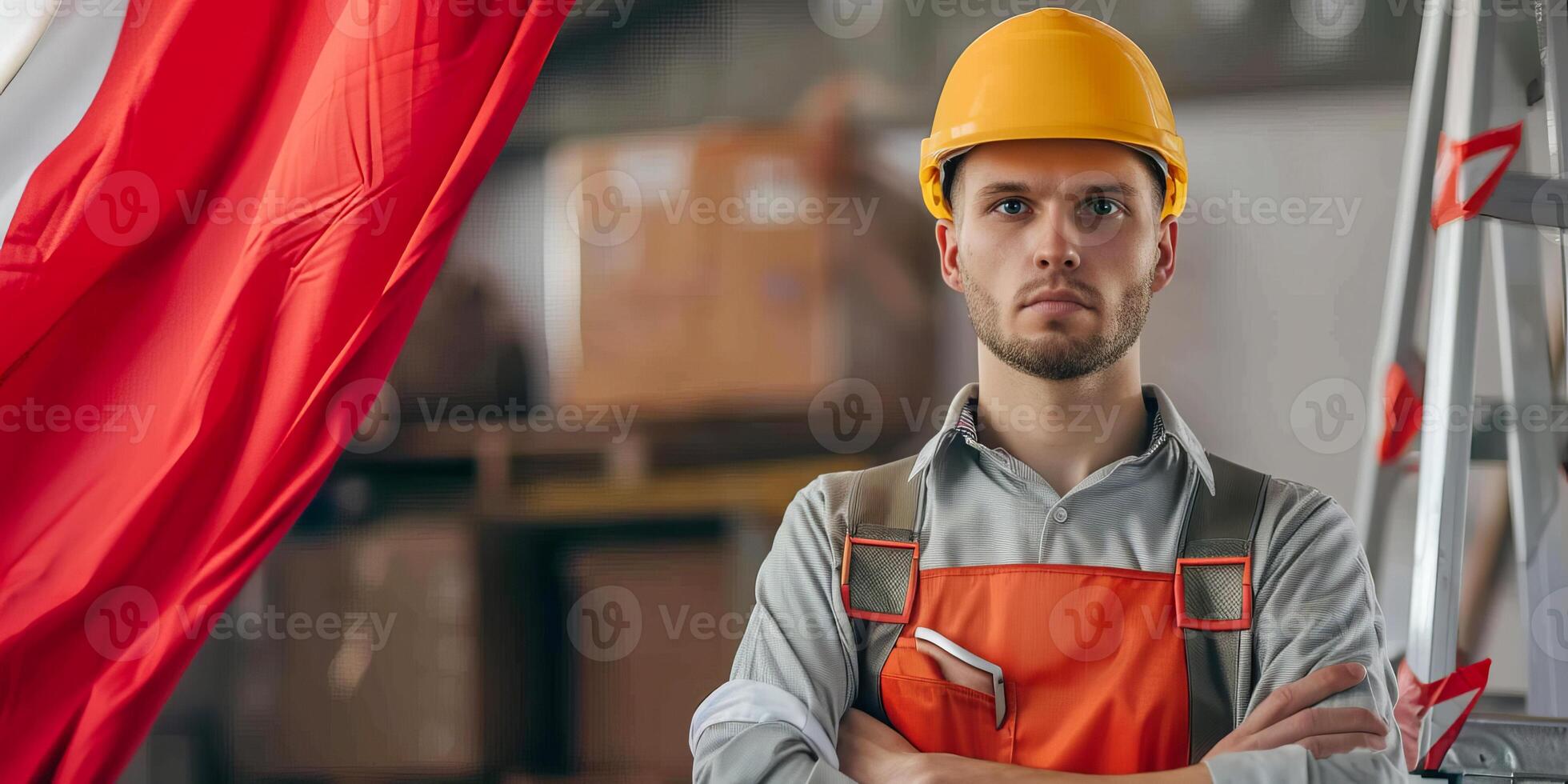 Construction worker with Poland flag background photo