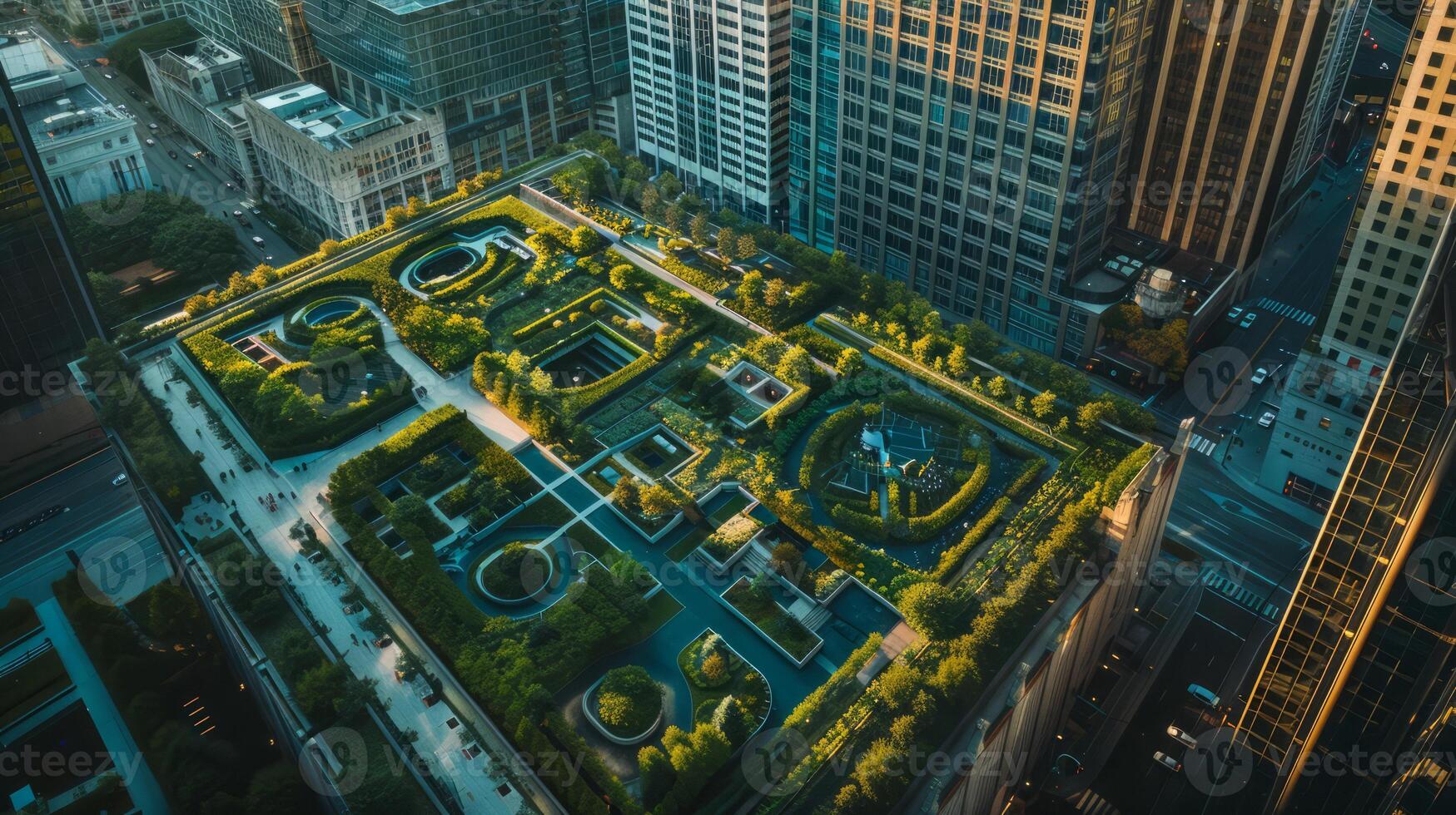 Lush green rooftop garden in metropolitan area photo