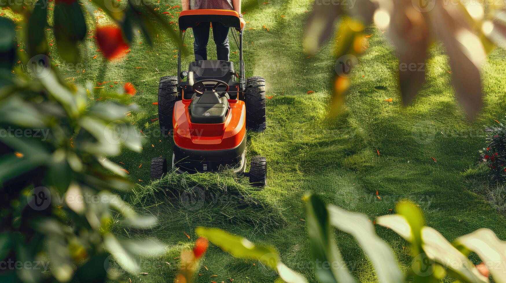 Overhead view of a man cutting grass with a lawnmower photo