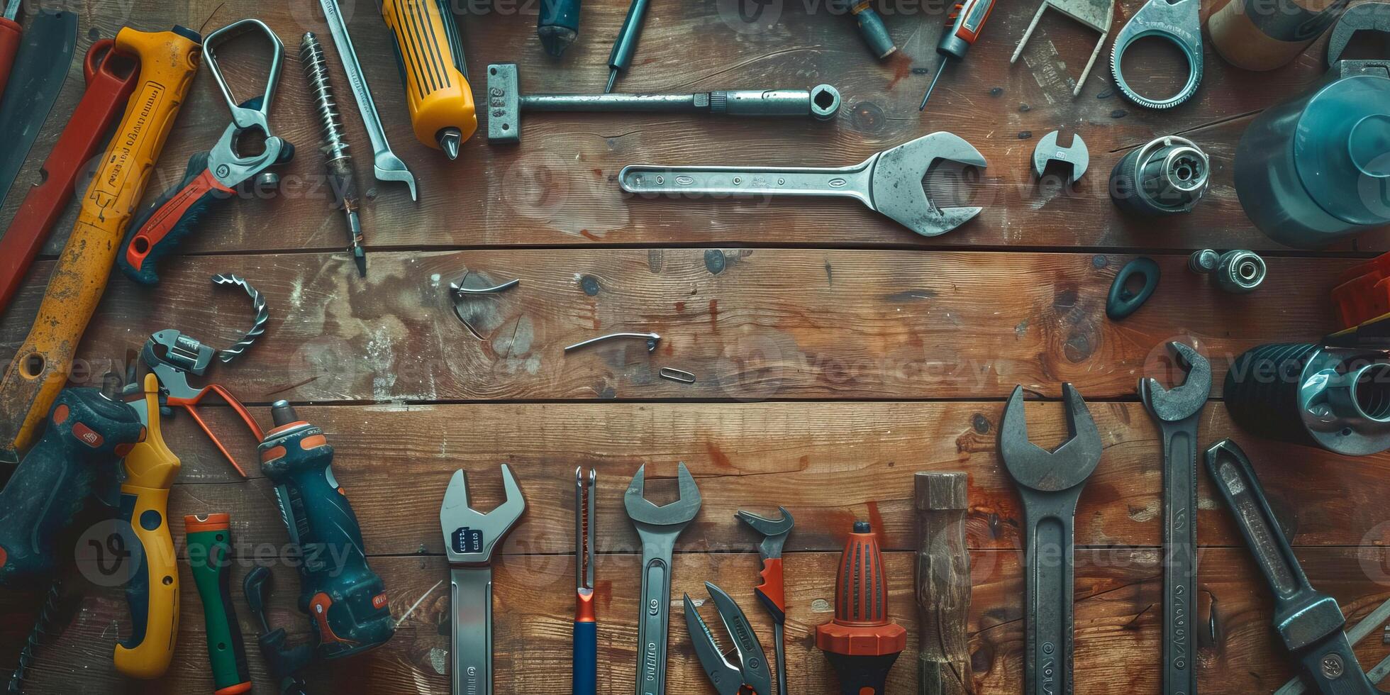 Top view of different tools on wooden surface photo