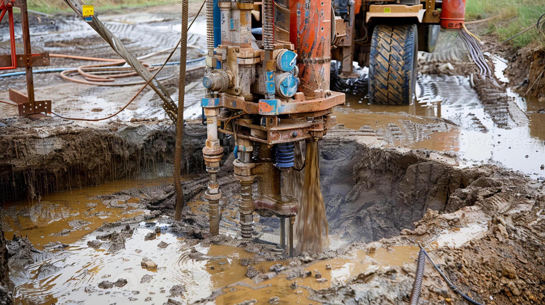 Water well drilling rig operating in muddy terrain photo