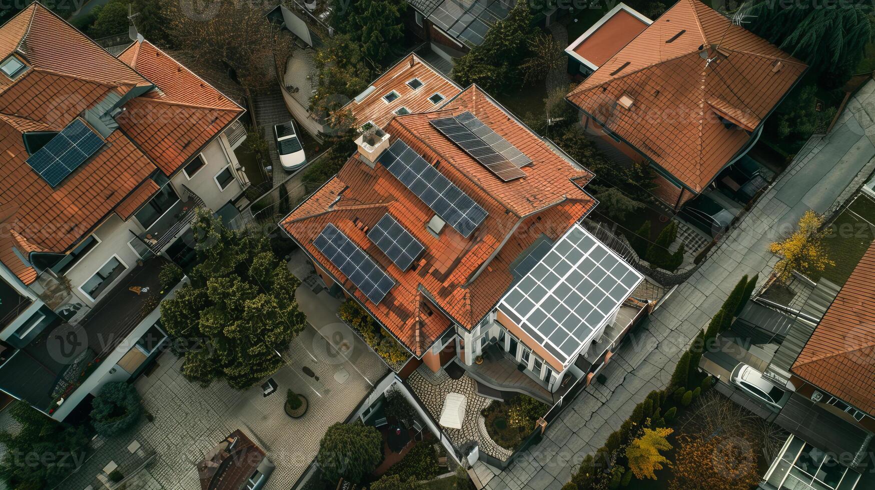 Suburban neighborhood with solar panels on multiple rooftops photo
