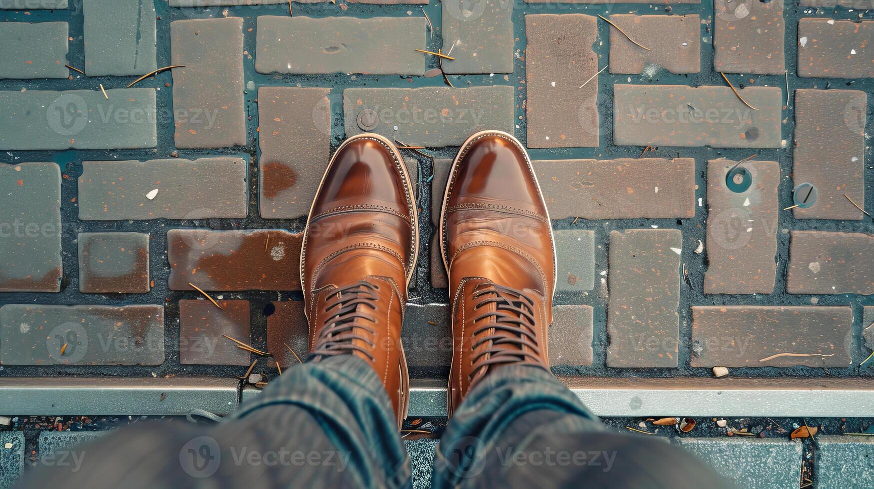Top view of stylish shoes on wet sidewalk after rain photo