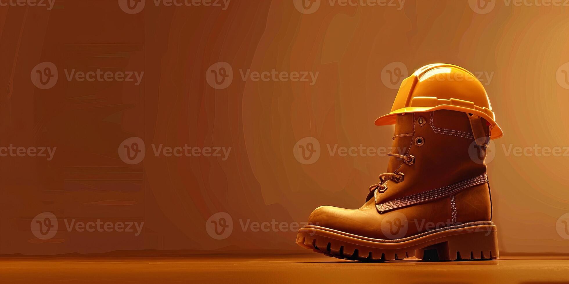 Safety boots and hard hat on brown background photo