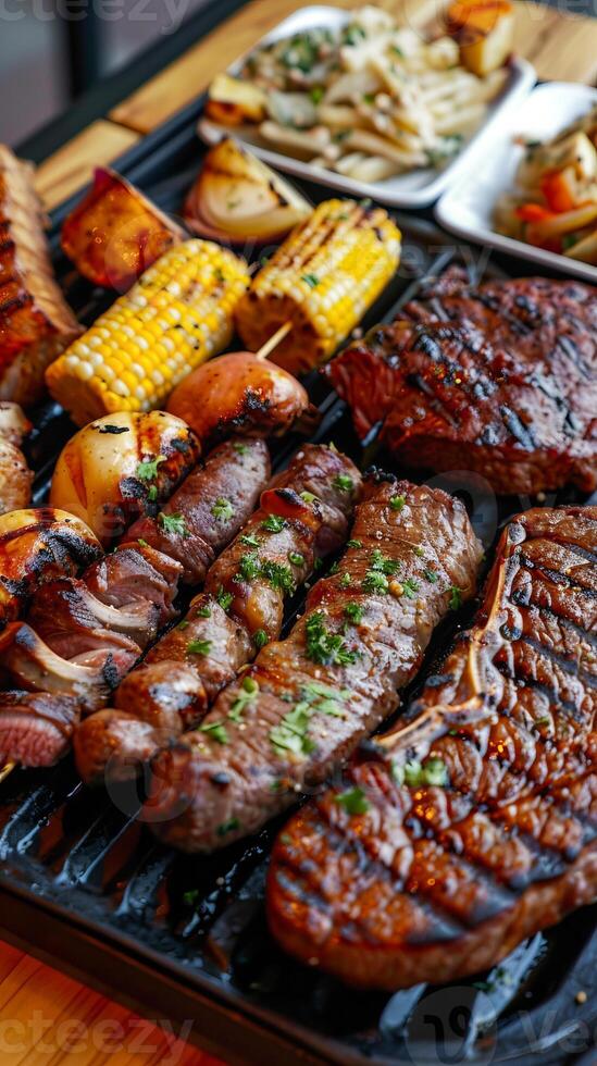 Colorful barbecue skewers on a modern grill photo