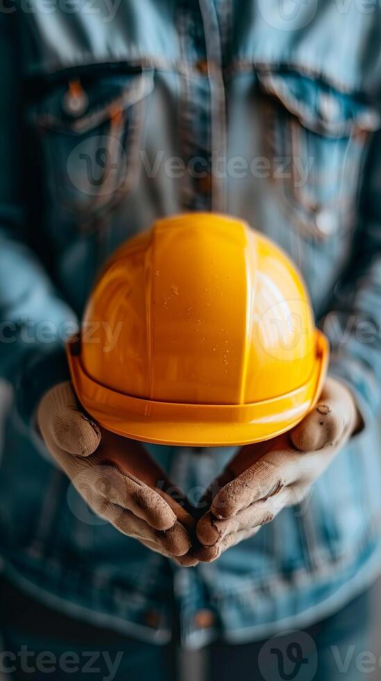 Hands holding a yellow hard hat, construction safety photo