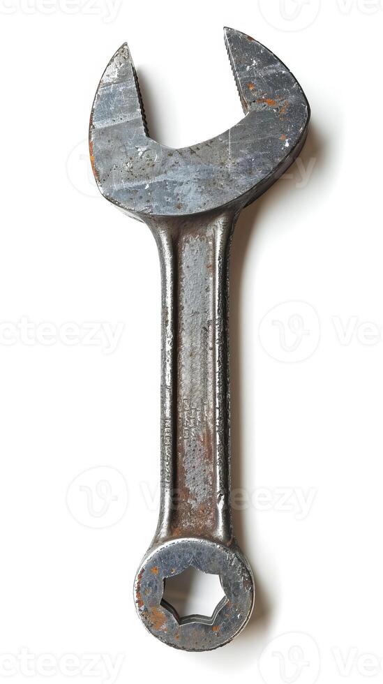 Rusty old wrench isolated on white background photo