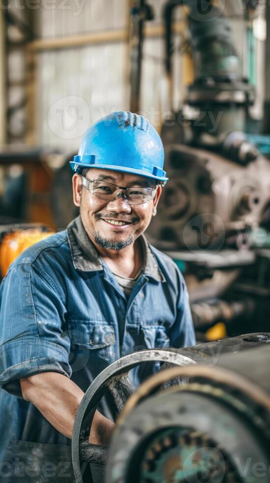 Happy industrial worker in blue uniform and helmet photo