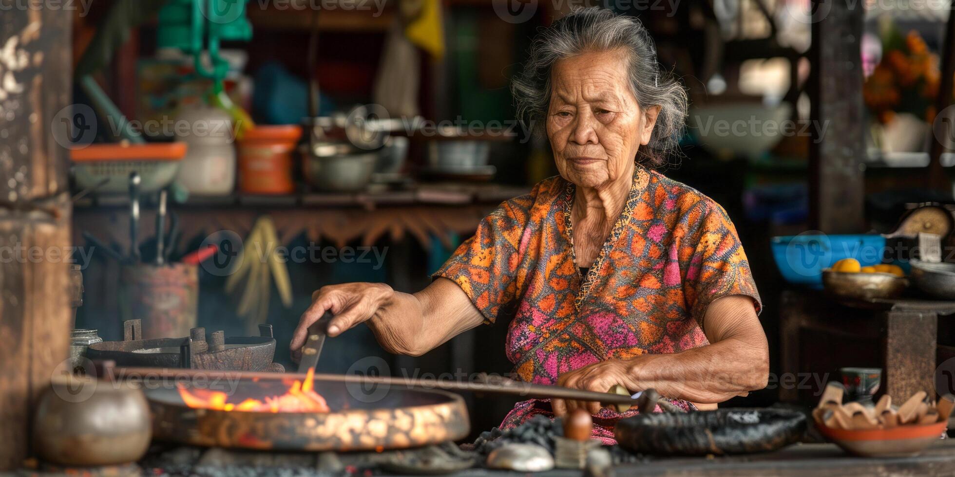 Elderly woman cooking in traditional kitchen photo