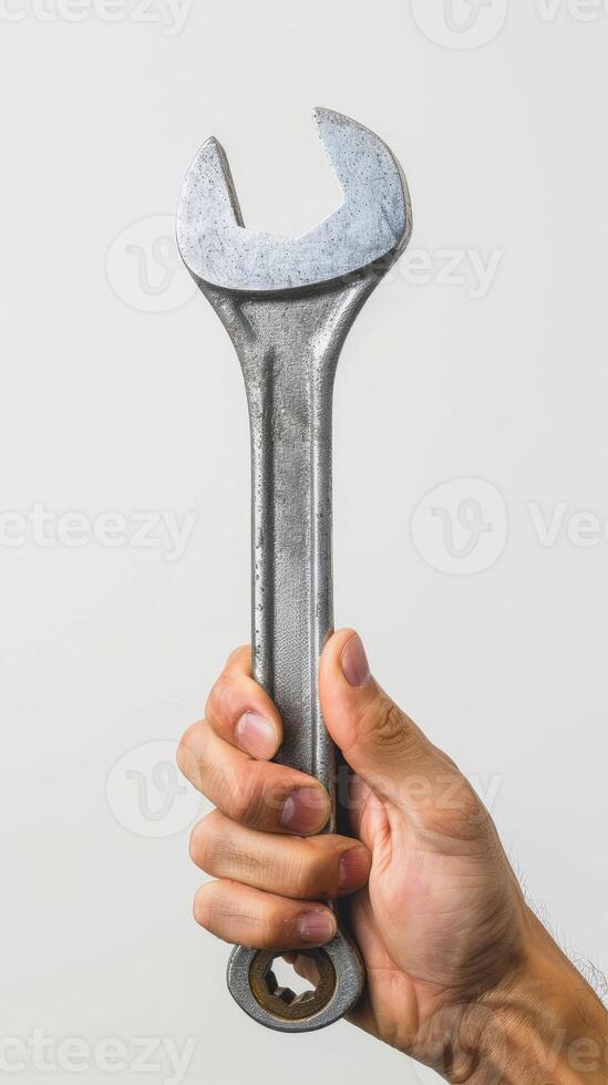 Hand holding wrench on white background, labor day concept photo