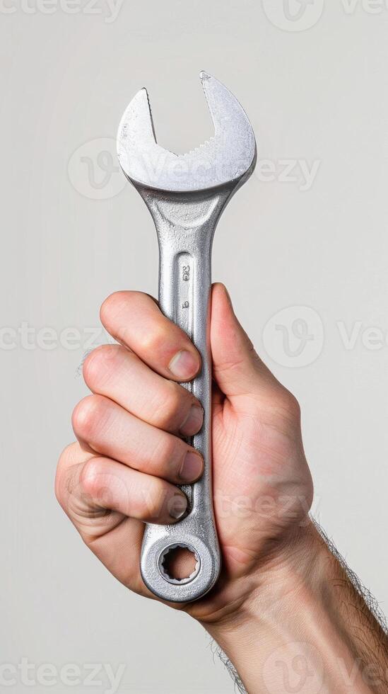 Clean wrench held by hand on white background, labor tribute photo