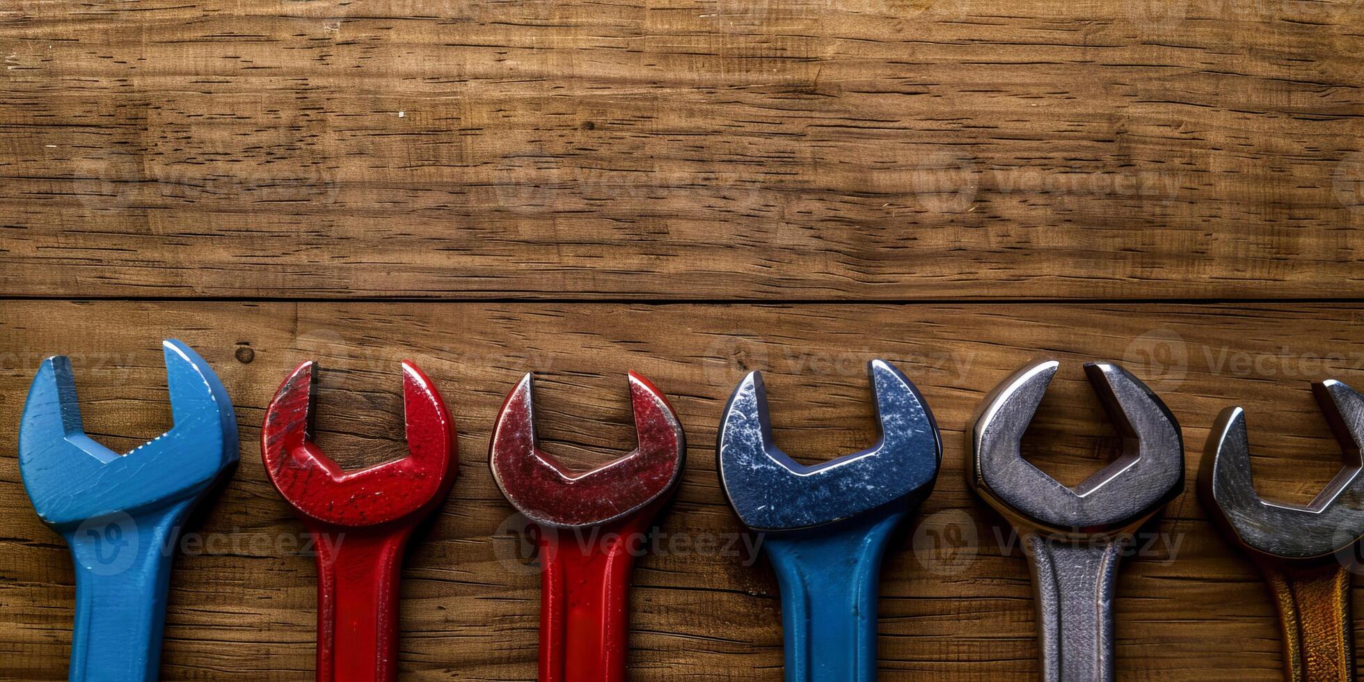 Colorful wrenches on wooden background for mechanical tools concept photo