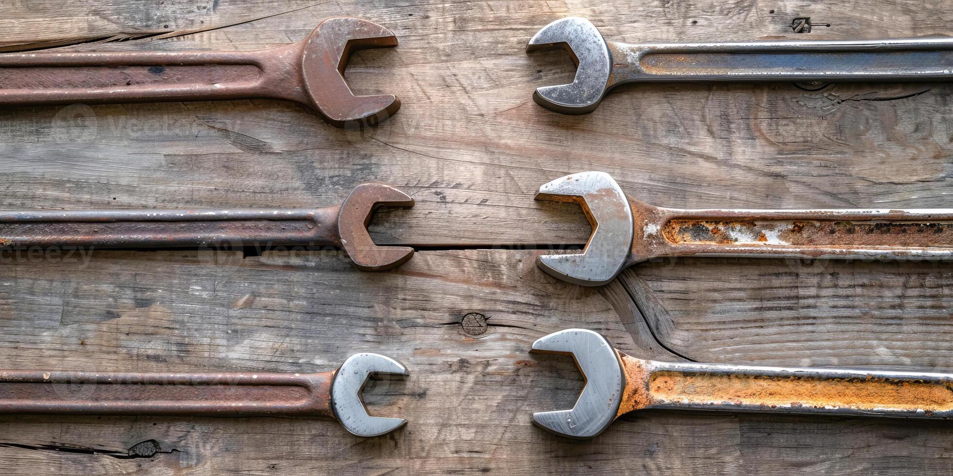 Rusty and clean wrenches on a vintage wooden background photo