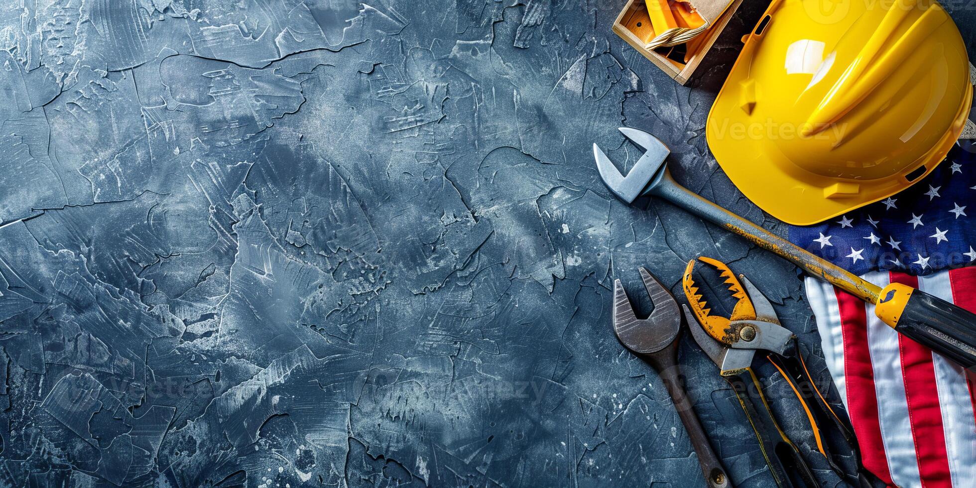 Tools and Hard Hat with American Flag for Labor Day photo