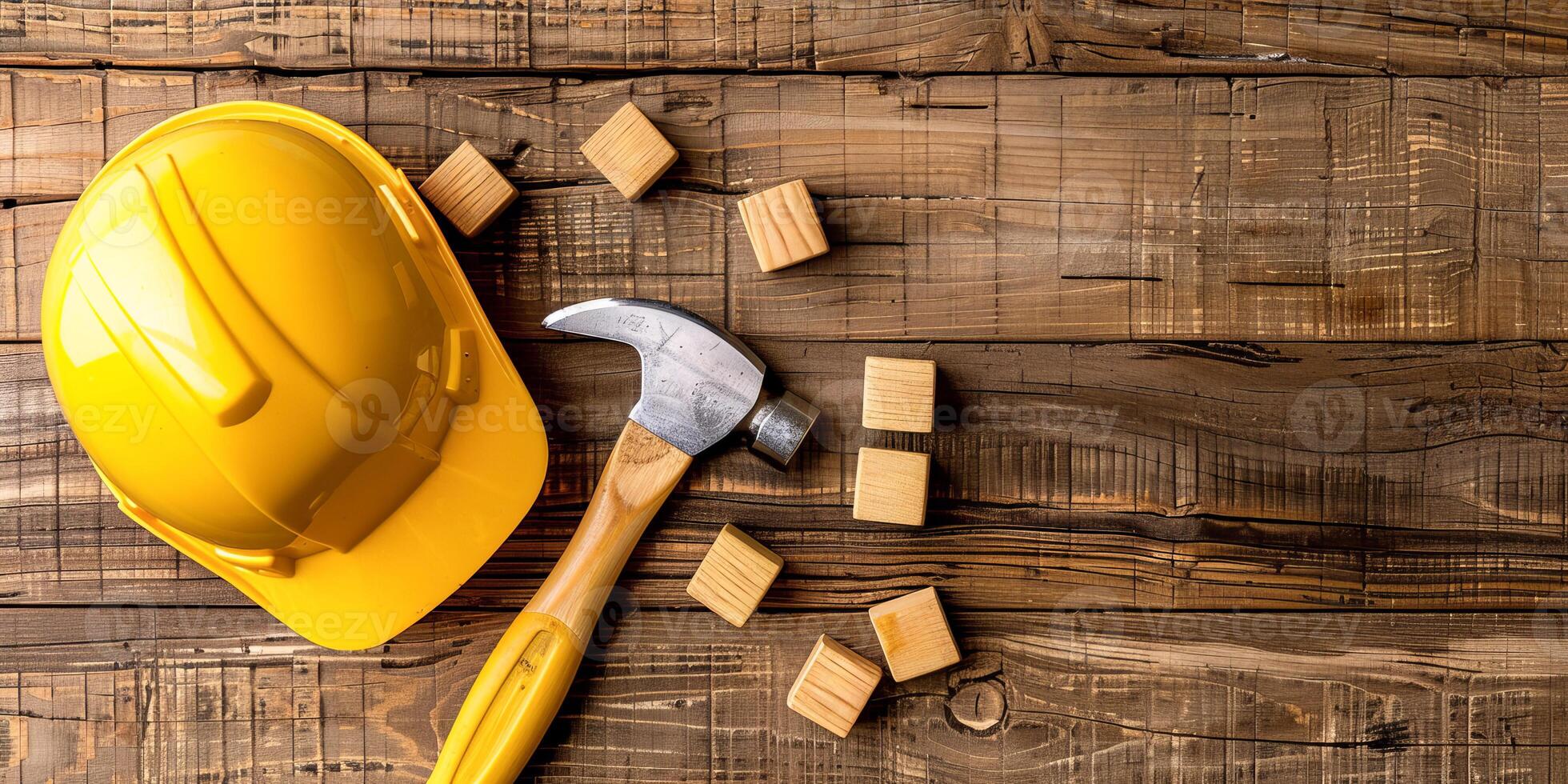 Hard Hat and Hammer on Wooden Surface for Labor Day photo
