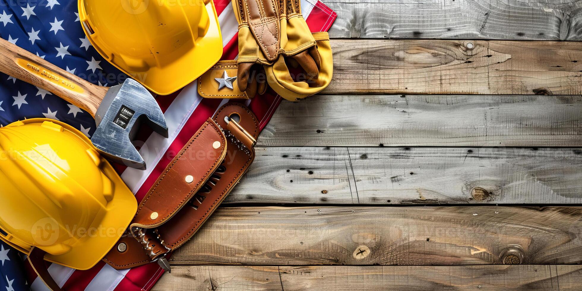Labor Day Tools and Hard Hat on American Flag Background photo