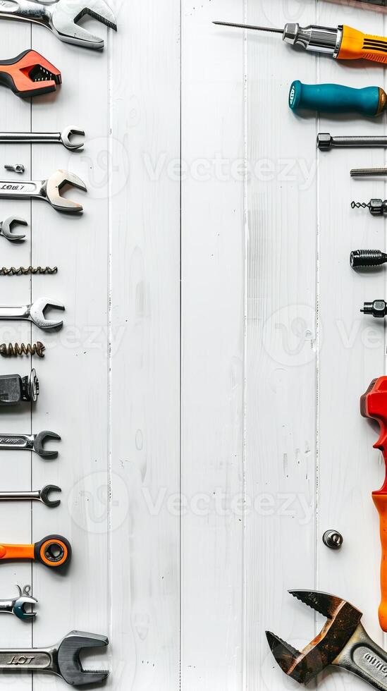 Border Frame of Work Tools on White Wooden Table photo