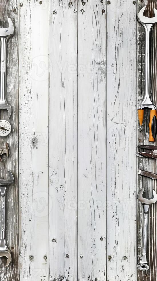 Assorted Tools on Distressed White Wooden Background photo