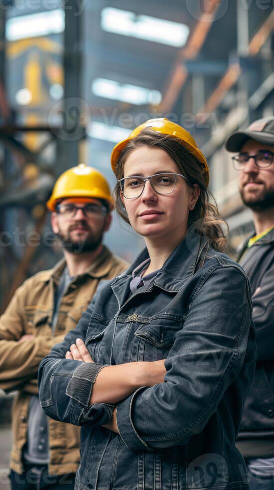 Group of industrial workers in a factory photo