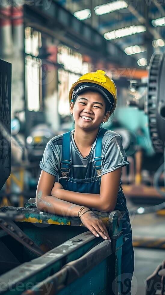 Happy young female worker in a factory photo