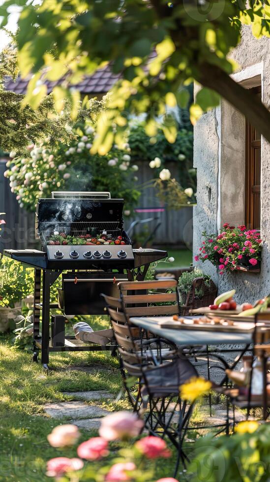 Backyard garden BBQ setup with blooming flowers photo