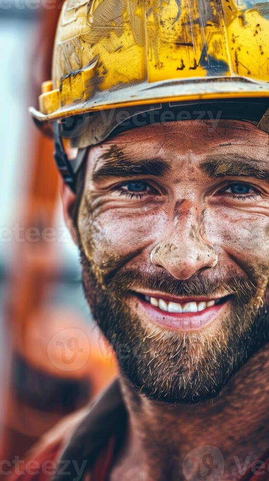 Happy construction worker with dirty yellow helmet photo