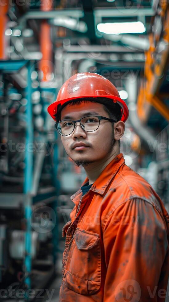 Focused Industrial Worker in Orange Uniform and Hardhat photo