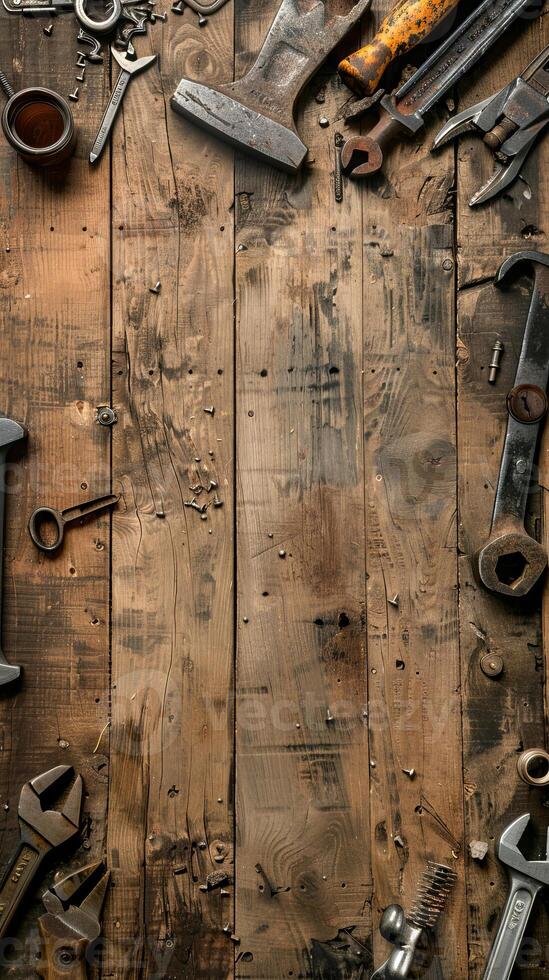 Labor Day background with tools on wooden surface photo