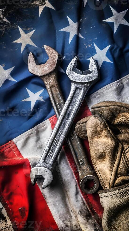 Wrench and work glove on USA flag, labor day tribute photo