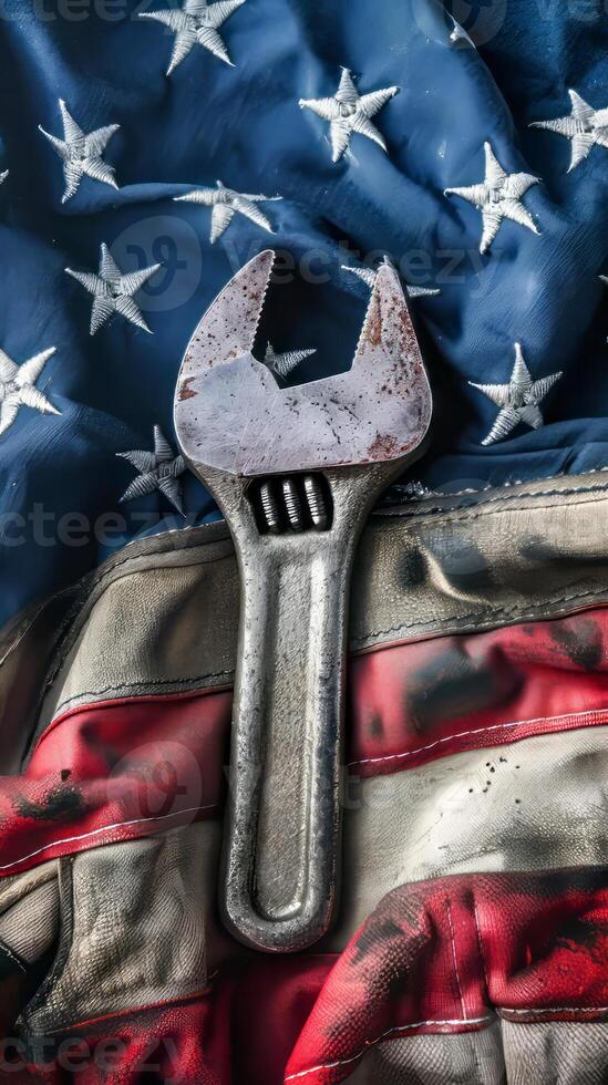 American flag and wrench, symbol of labor and industry photo