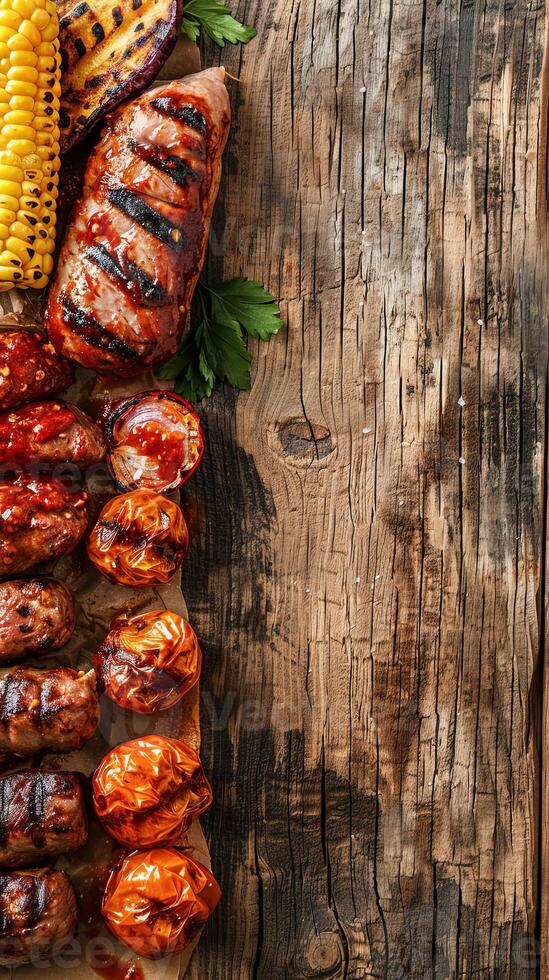 Grilled Meat and Vegetables on Rustic Wooden Table for Summer Cookout photo