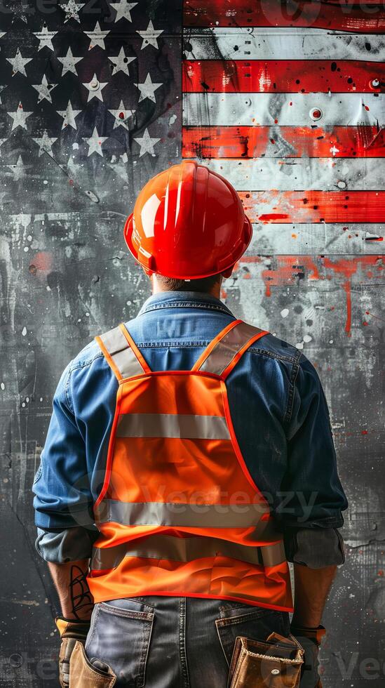 Back view of construction worker facing USA flag, determination photo