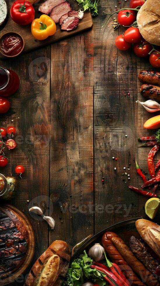 Summer Memorial Day Cookout with Fresh Vegetables and Meats on Rustic Table photo