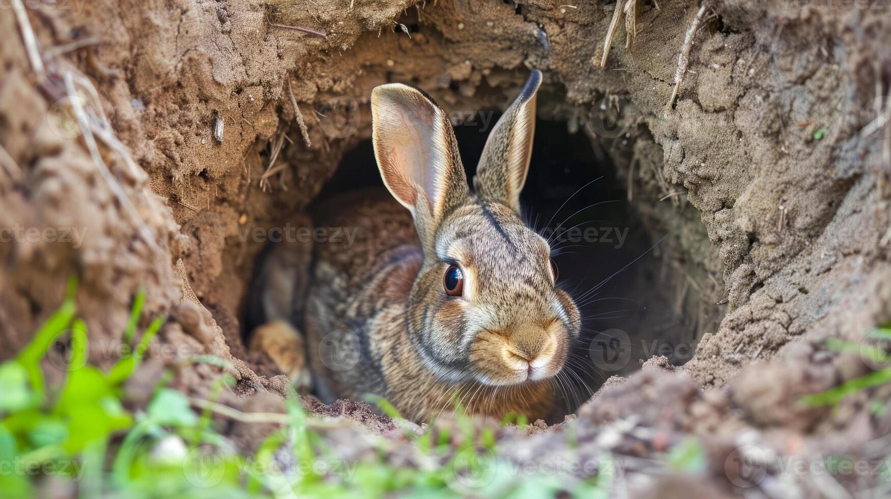 Brown rabbit emerging from burrow photo