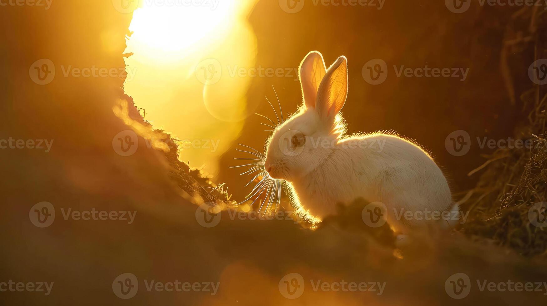 White rabbit in sunlit burrow photo