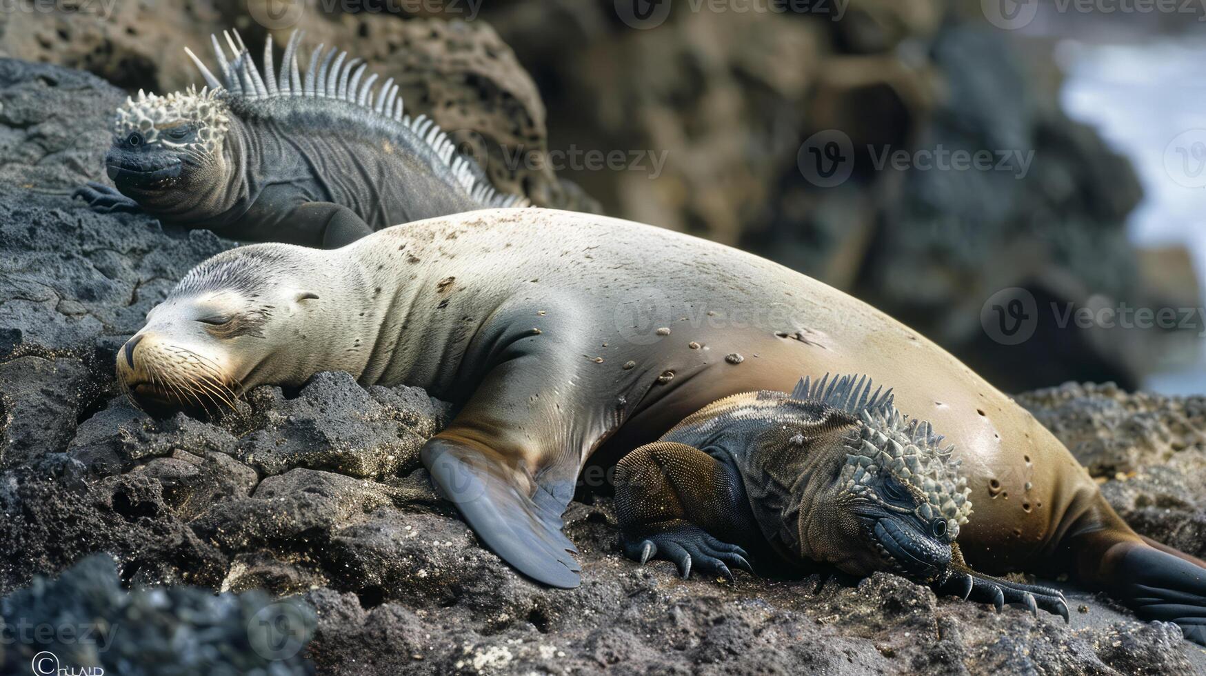 Sea lion and iguana resting together on volcanic rocks photo