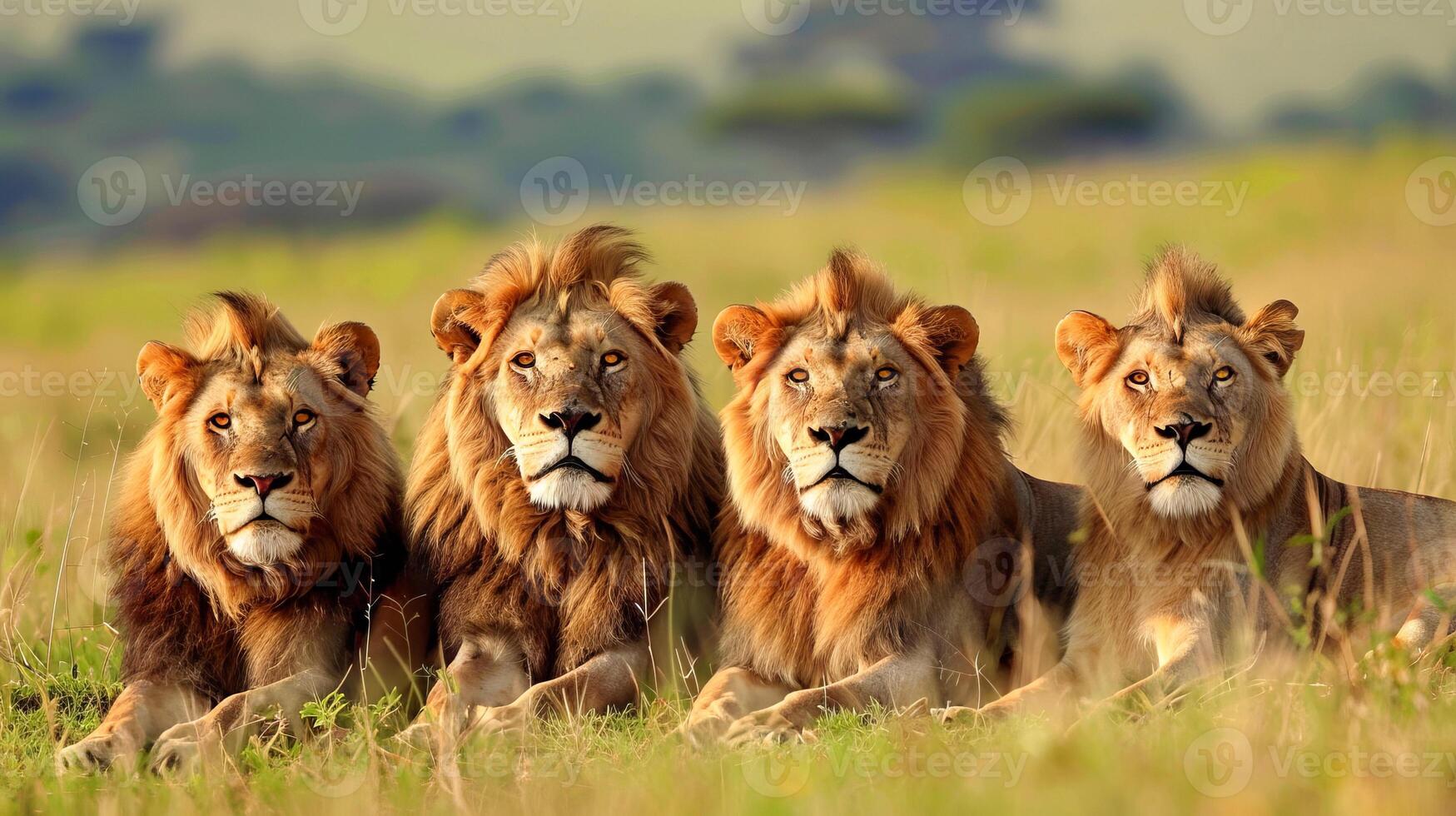 Group of lions resting on grass in African savannah photo