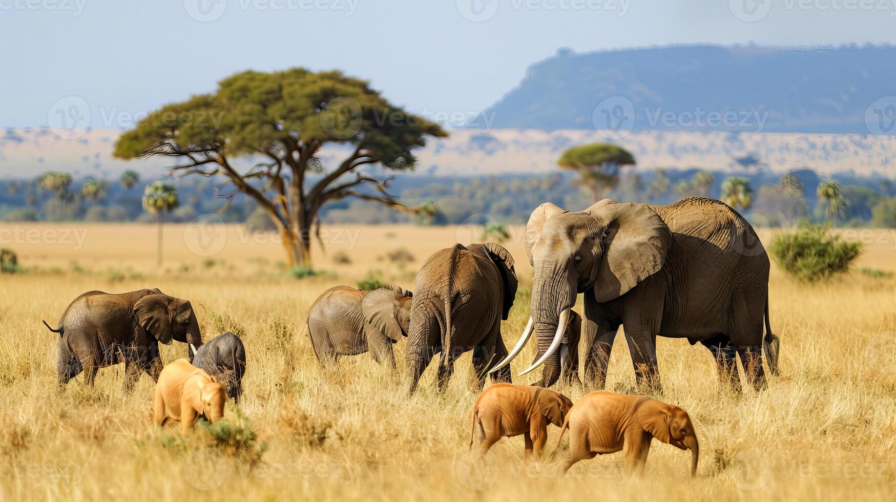Elephants grazing in the African savannah with acacia trees photo