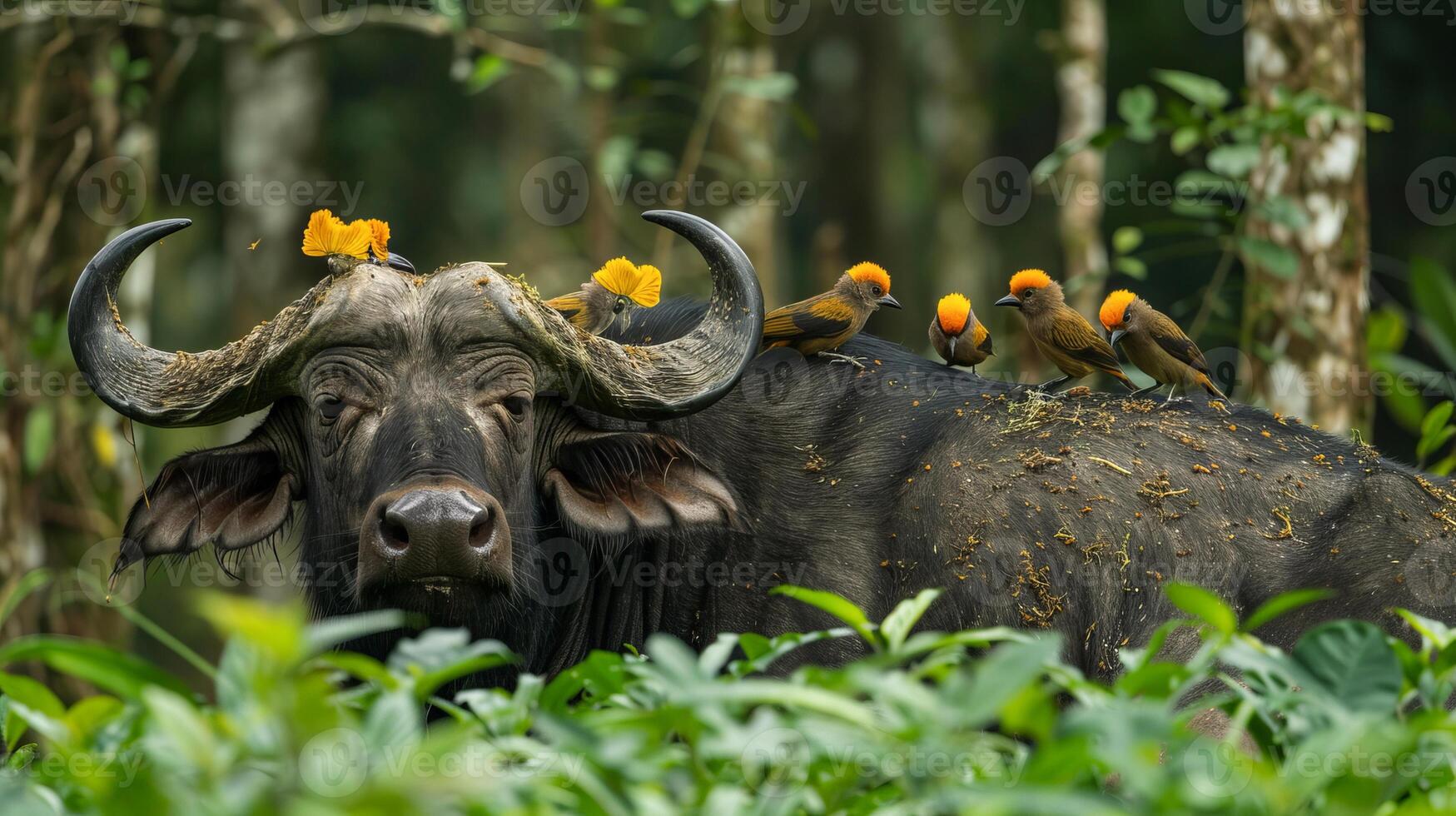 Buffalo with orange birds in lush green forest photo