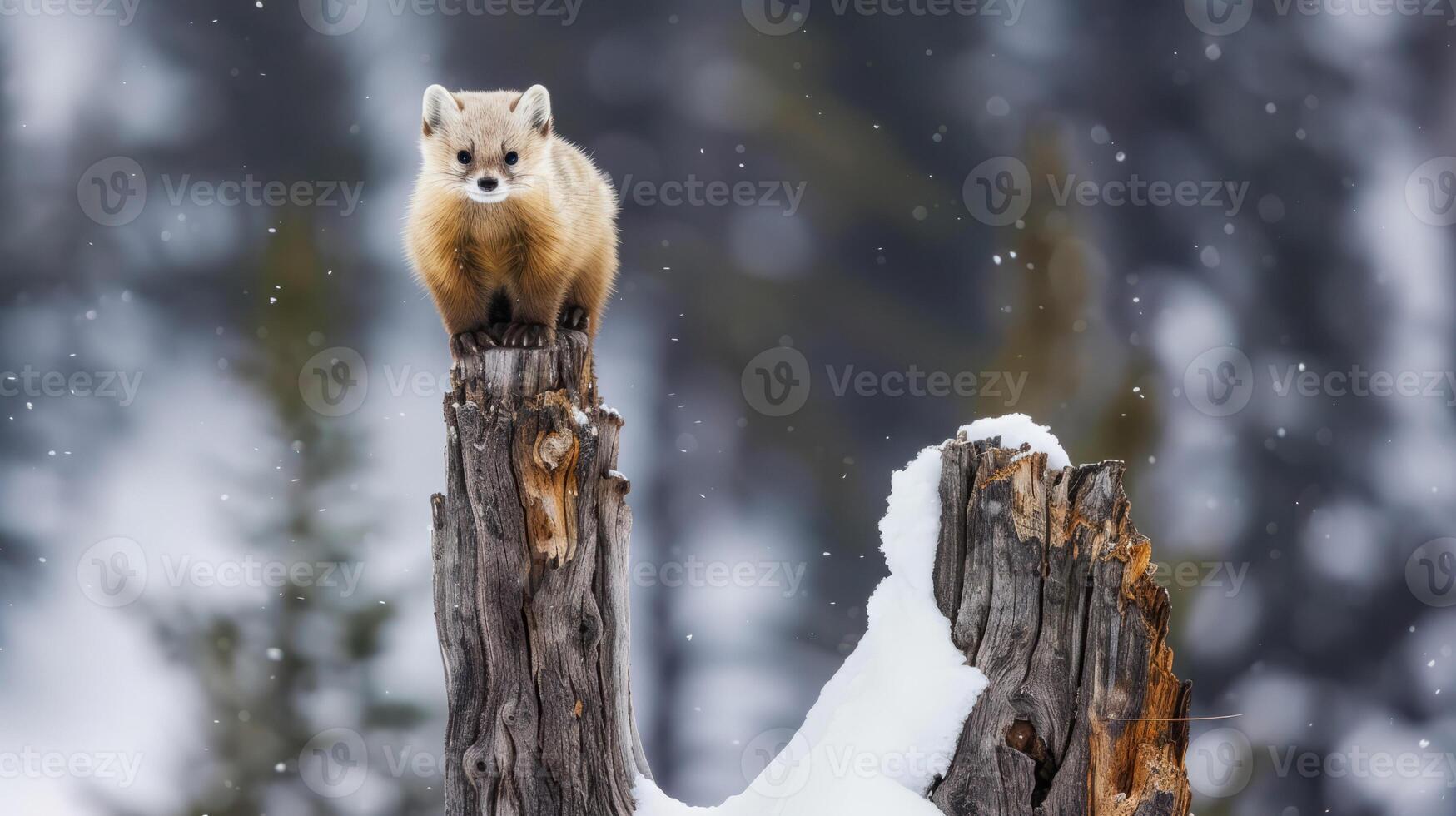 Pine marten standing on a snowy tree stump in winter photo