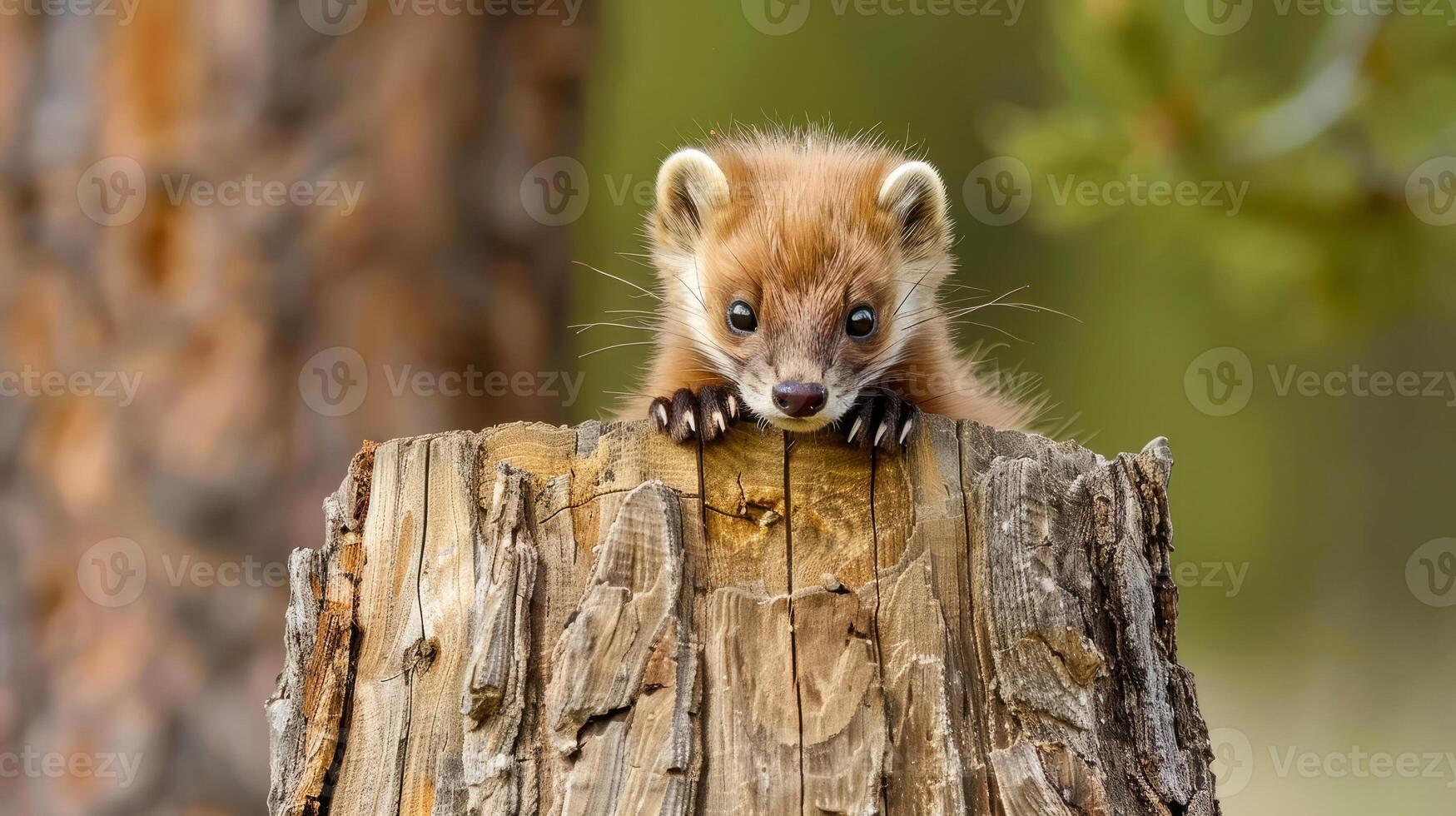 Adorable pine marten peeking over a tree stump photo