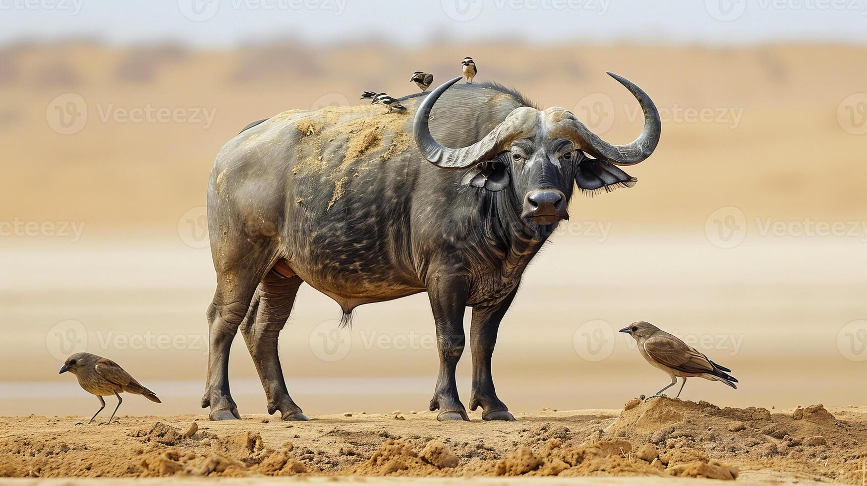 Buffalo Standing with Birds on Back in Dry Savannah photo