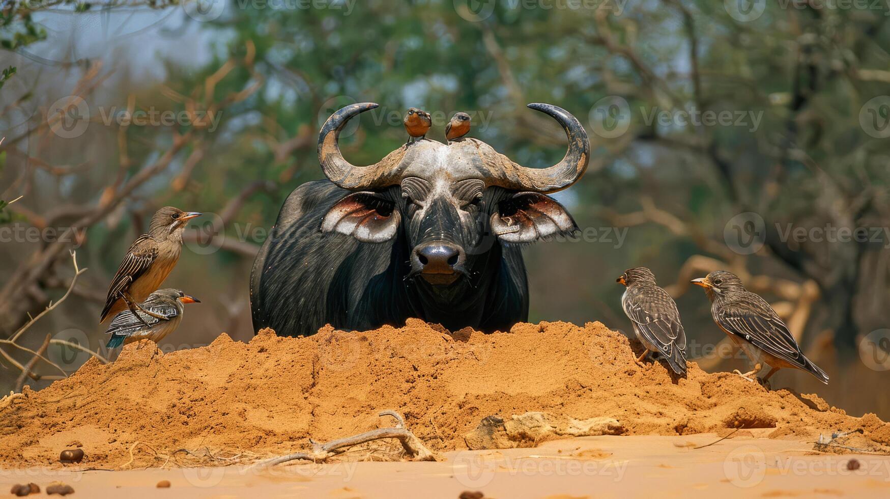 Buffalo with Birds on Horns and Surrounding in Natural Habitat photo