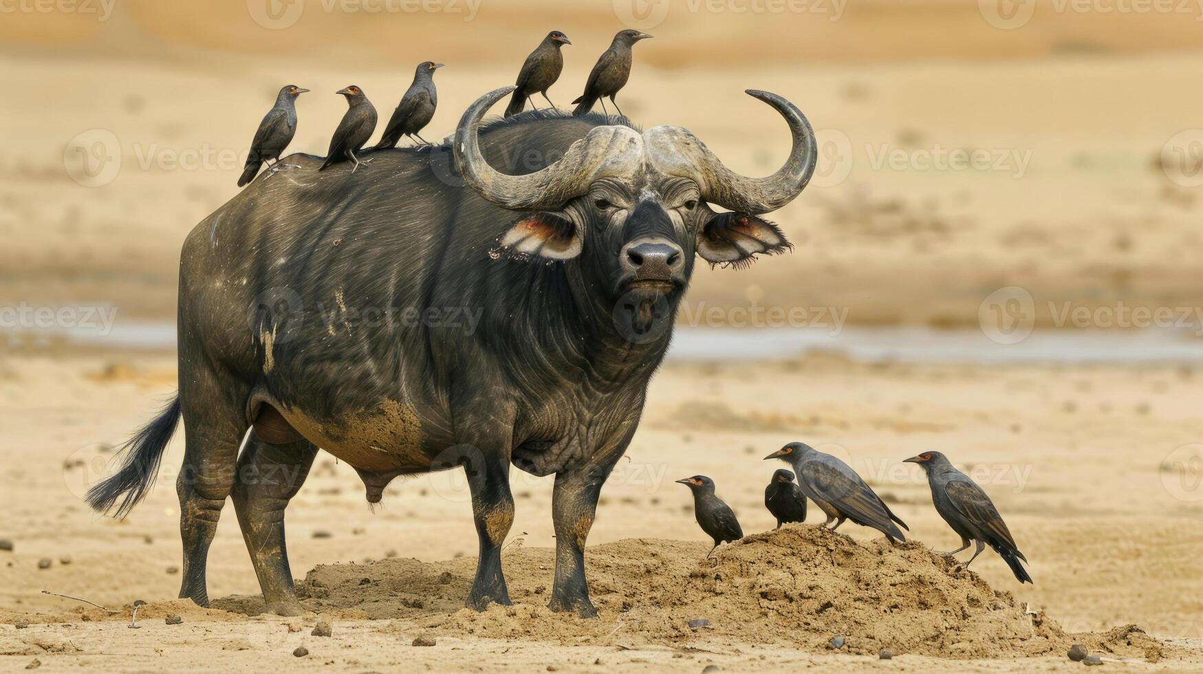 Buffalo Surrounded by Birds in Sandy African Landscape photo