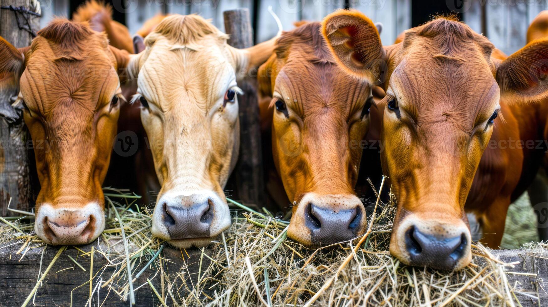 Close-up of four cows feeding on hay in a barn photo