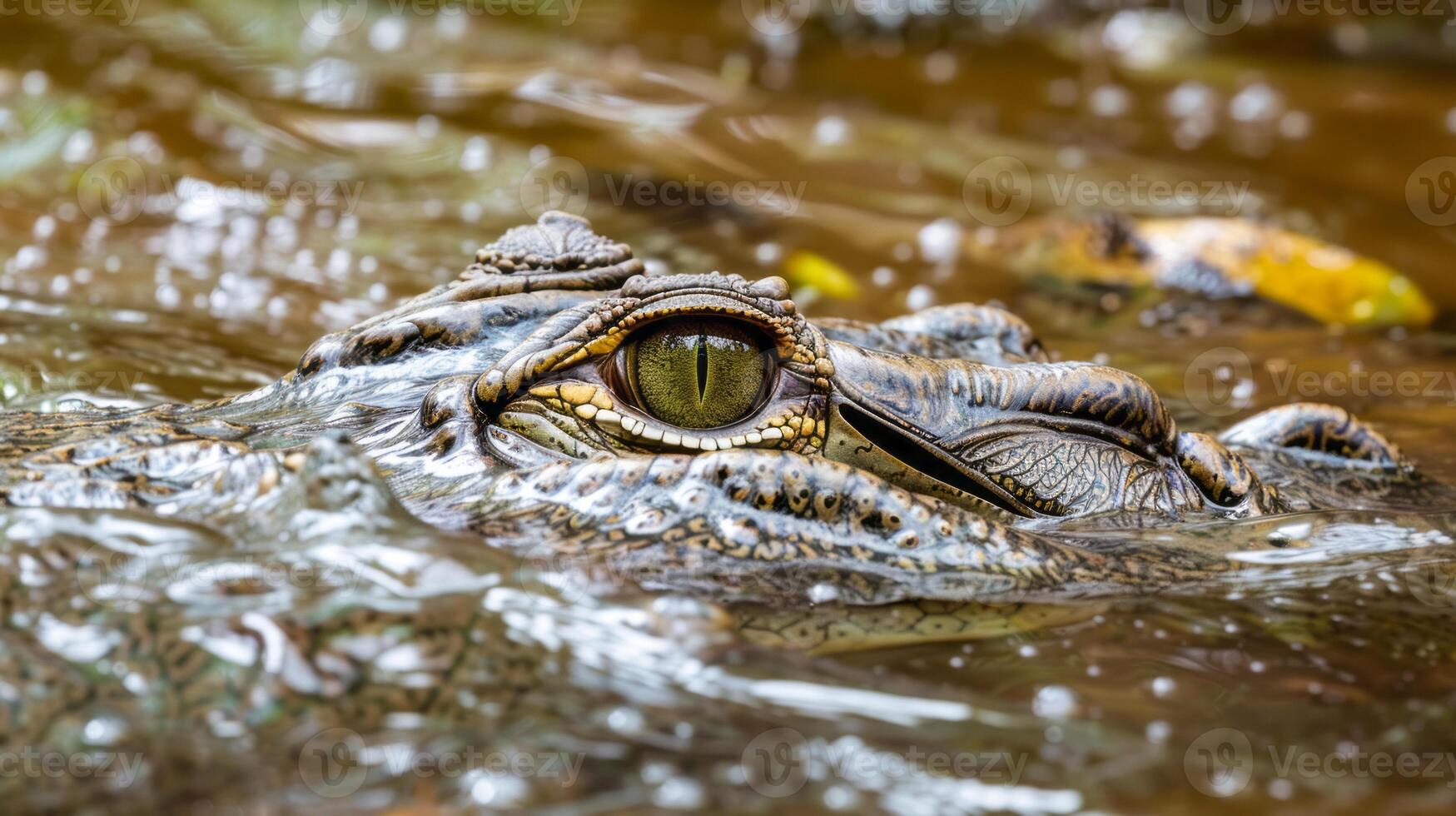 Close-up of crocodile's eye partially submerged in water photo