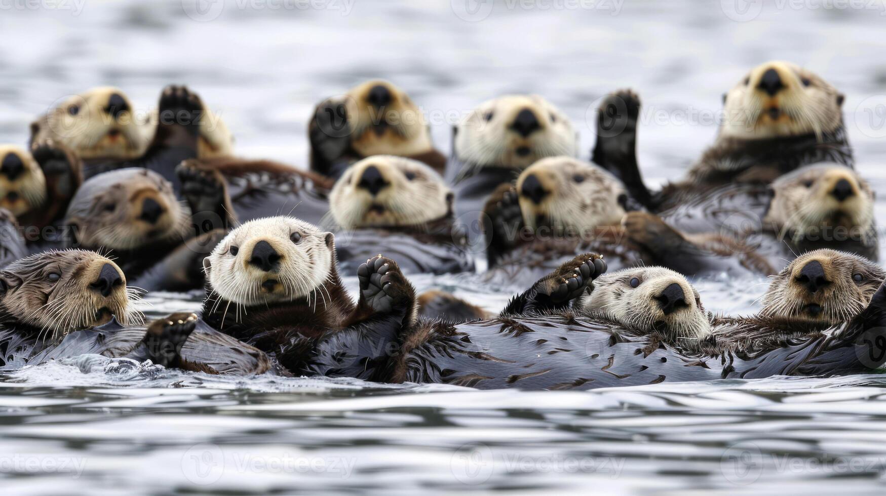 Raft of sea otters floating together photo