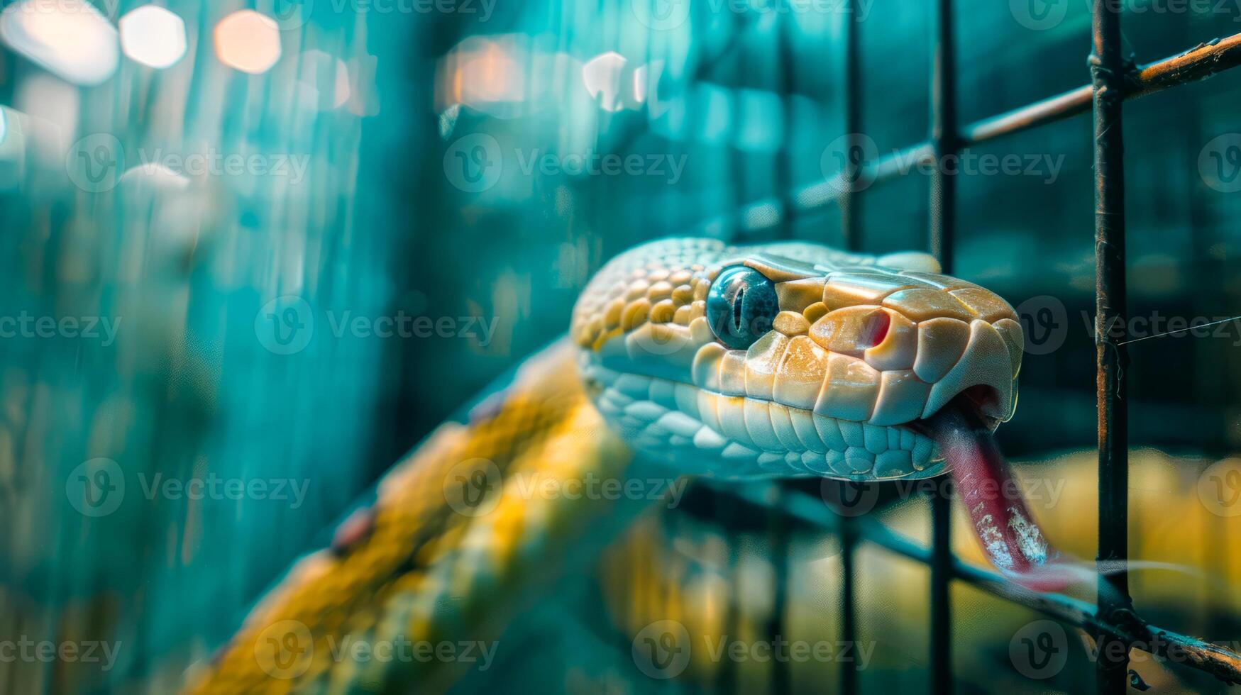 Snake sticking out tongue behind cage photo